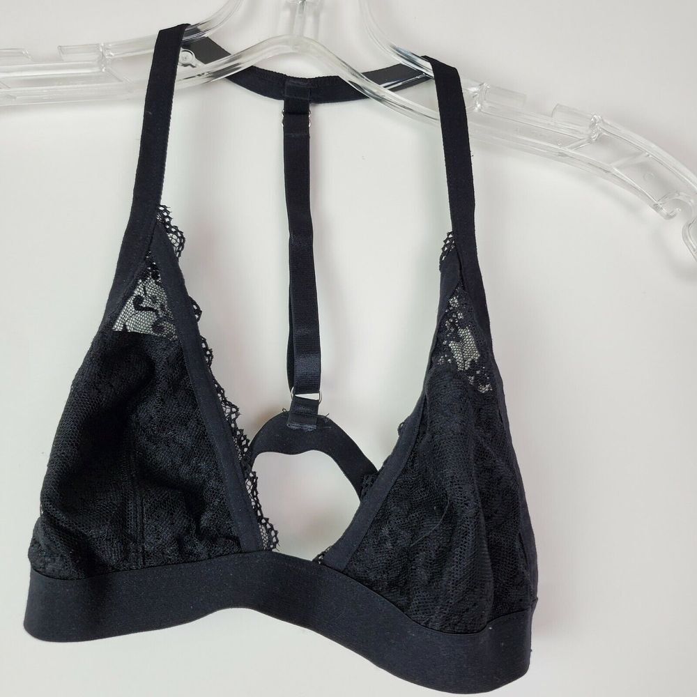 Sheer Black Lace Triangle Bralette XS Band M Cup T Back